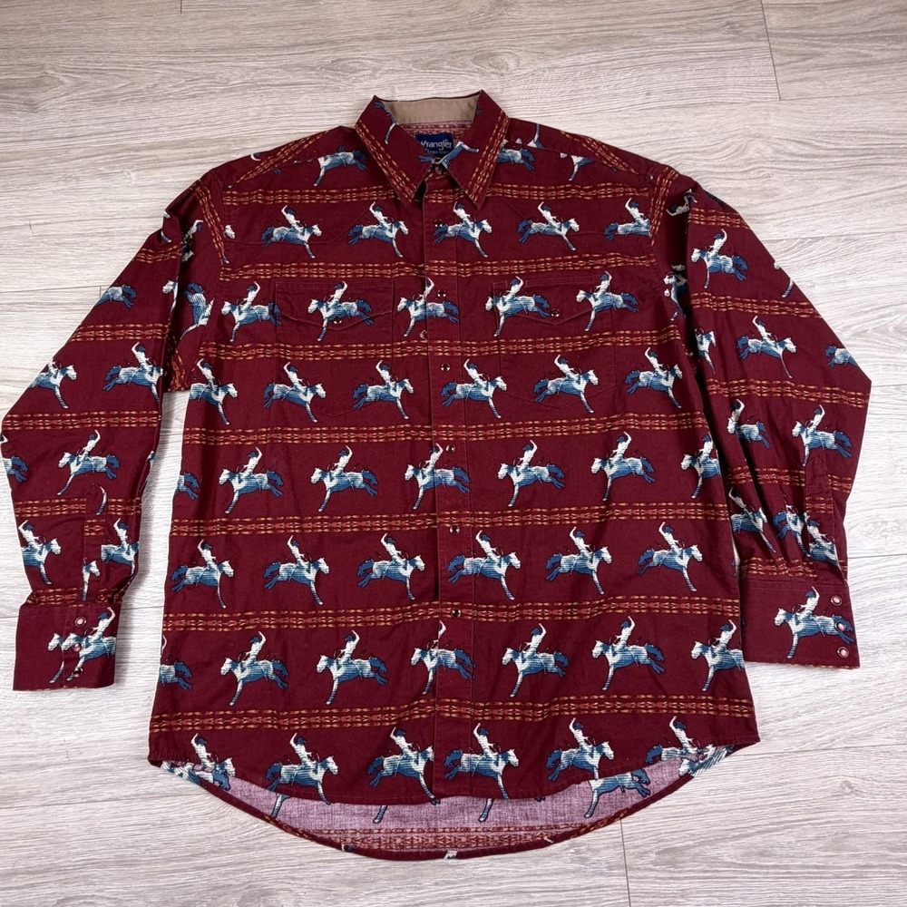 Wrangler Checotah Western Pearl Snap Shirt Mens XL Bronco Rider Burgundy Shirt
